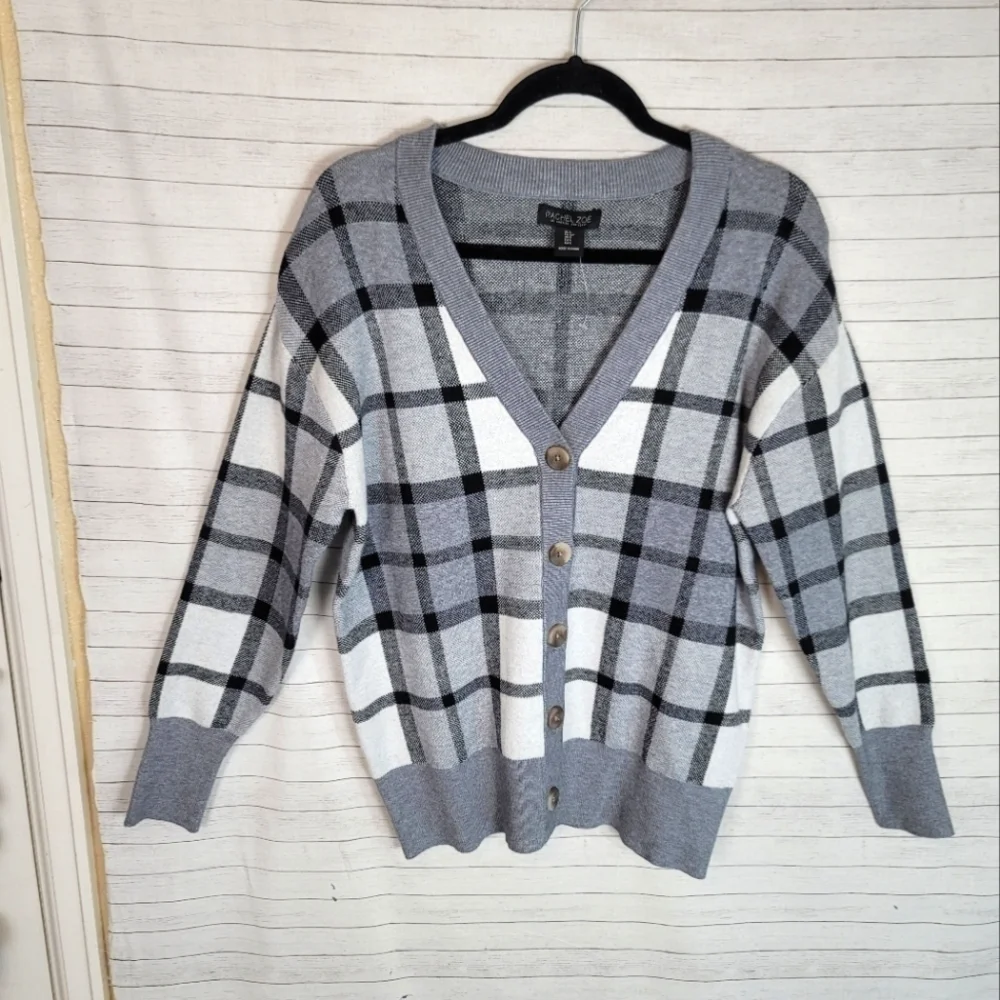 RACHEL ZOE GRAY PLAID V NECK BUTTON UP CARDIGAN SWEATER, SZ SMALL